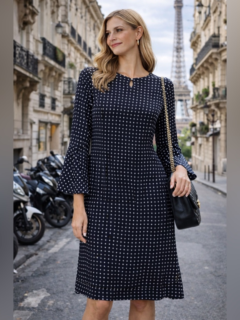 Equipment Blue and White Sheath Dress with Bell Sleeves